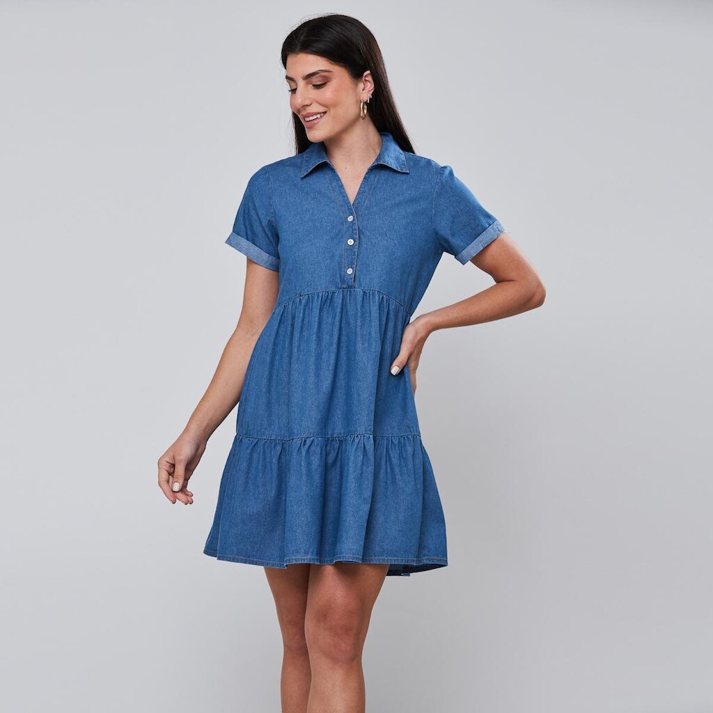 Vestido Jeans Chemise Camadas Franzido Miss Joy 8055 Feminino