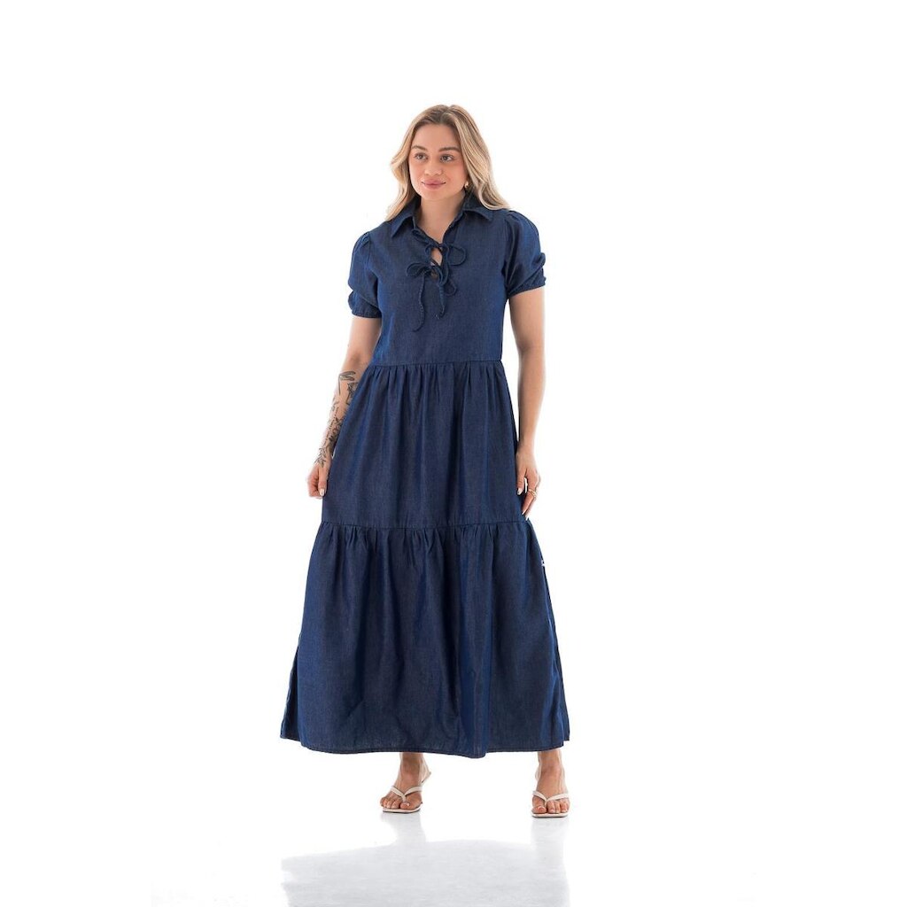 Vestido Jeans Feminino Arauto Laço Longo Leve
