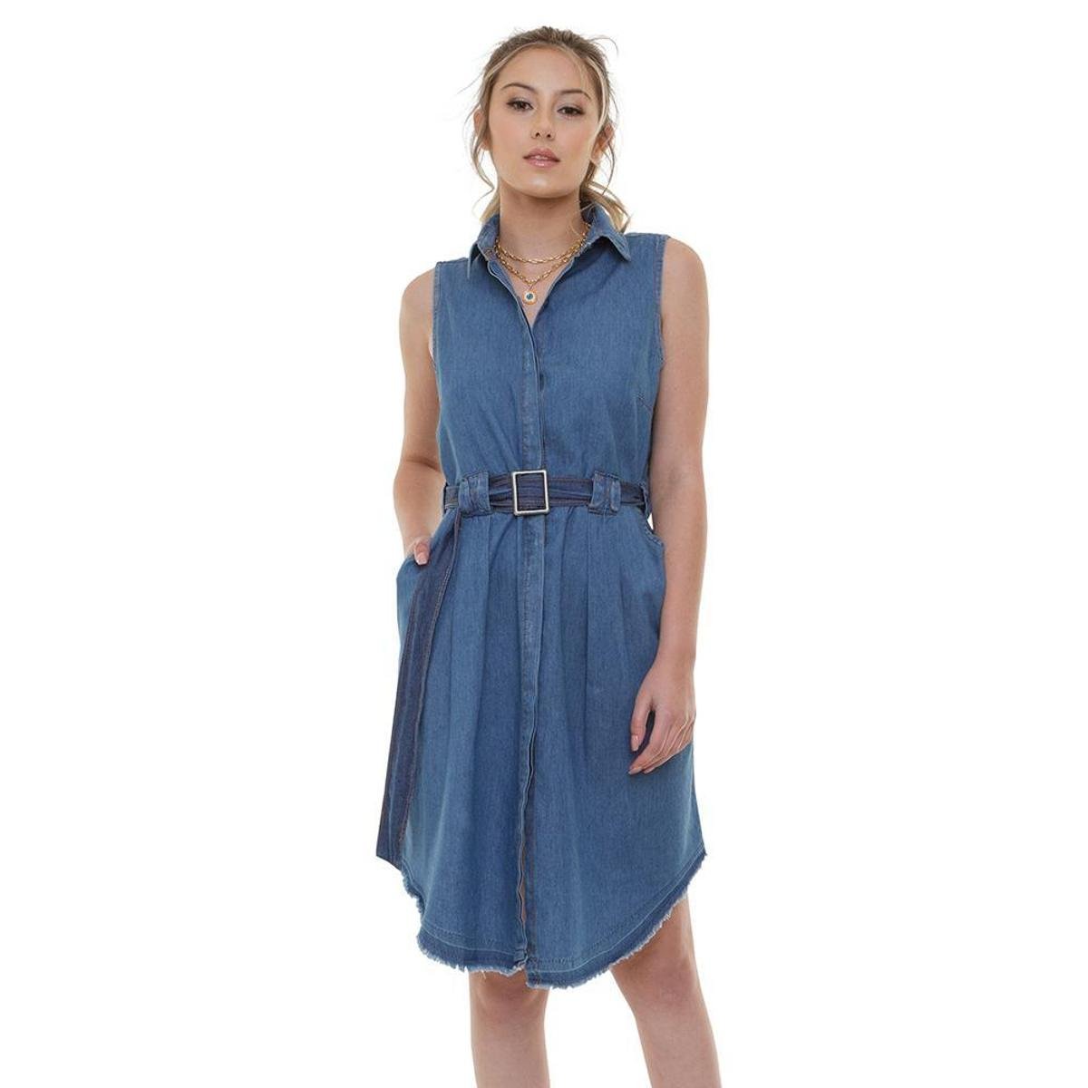 Vestido Jeans Feminino Com Cinto Moda Evangélica Tendência - Azul Menor preço em Vestido Jeans Feminino Com Cinto Moda Evangélica Tendência - Azul