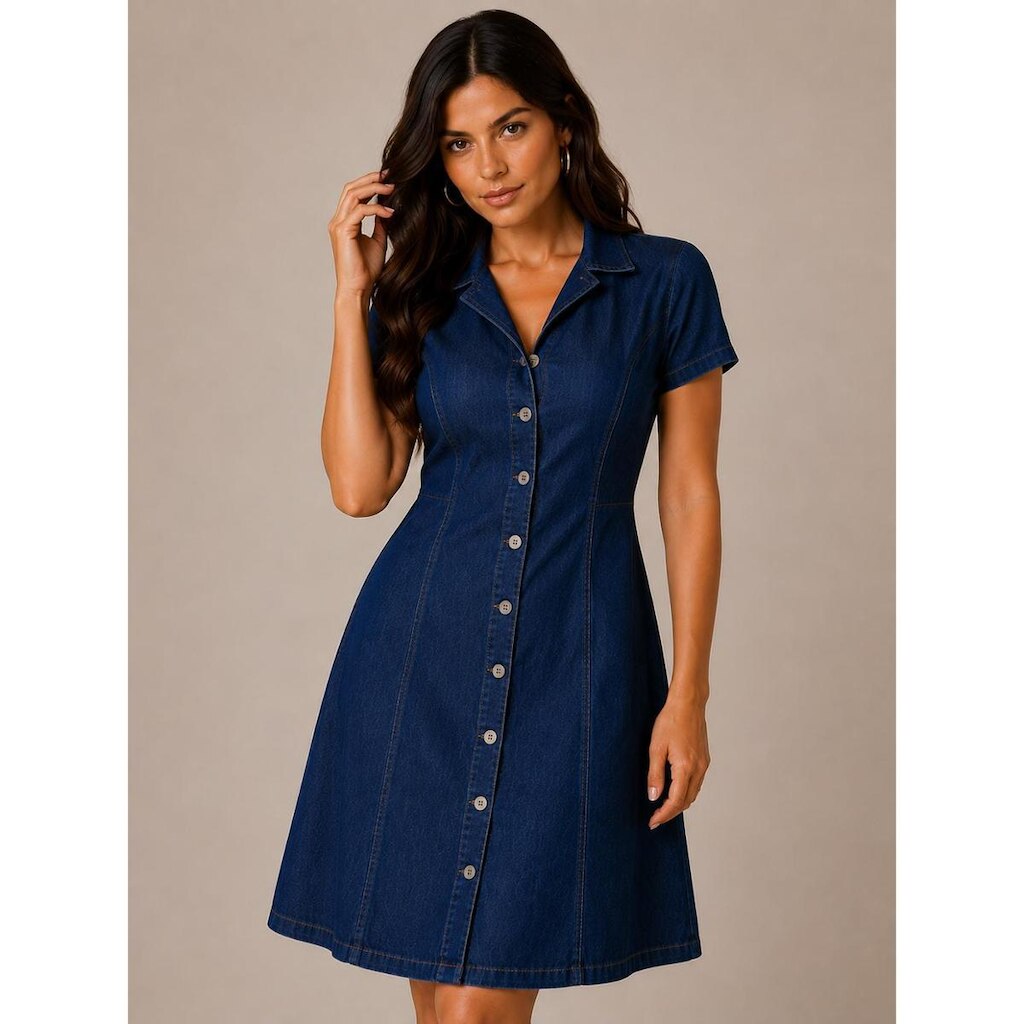 Vestido Jeans Feminino Manga Curta Com Botões Acinturado