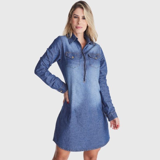 Vestido Jeans HNO Jeans Chemise Fechamento Ziper Azul