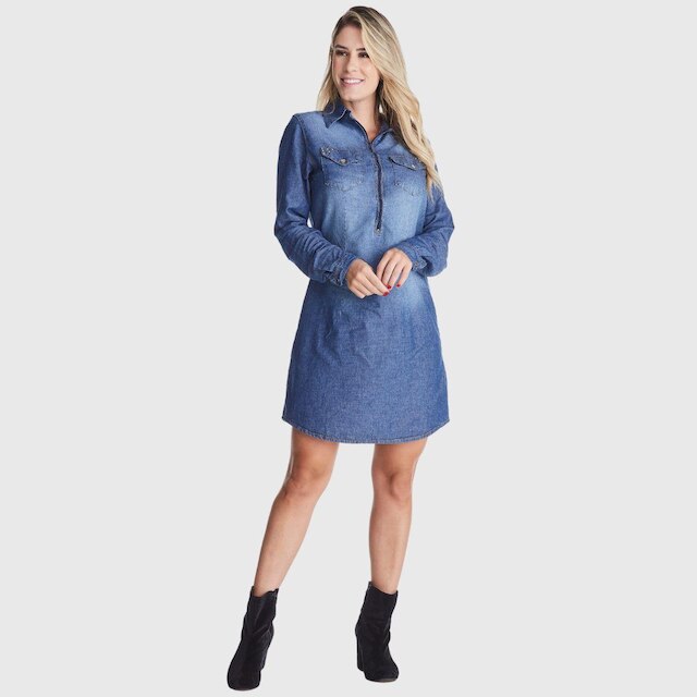 Vestido Jeans HNO Jeans Chemise Fechamento Ziper Azul