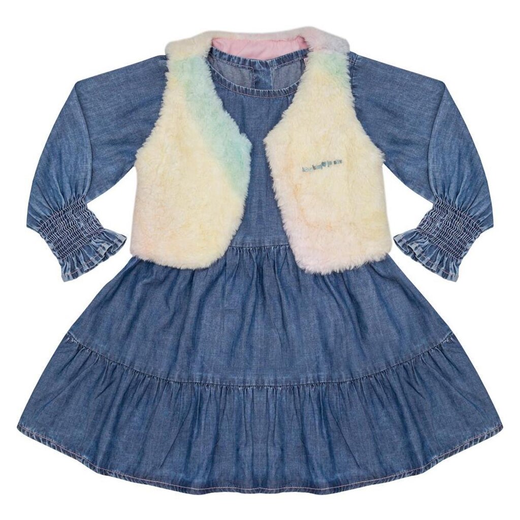 Vestido Jeans Infantil Look Jeans c/ Colete Pele - 03 - UNICA