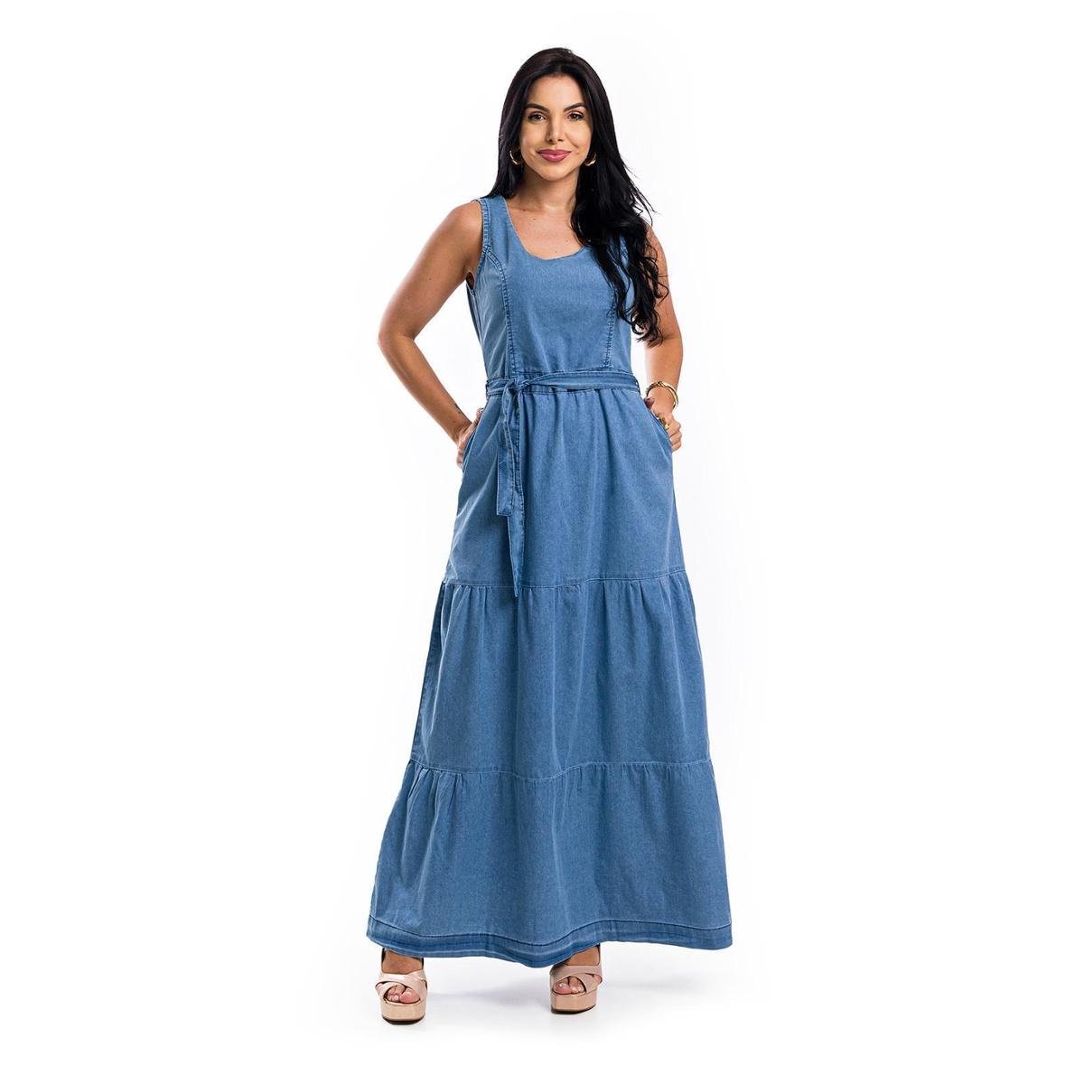 Vestido Jeans Longo Sem Manga Menor preço em Vestido Jeans Longo Sem Manga