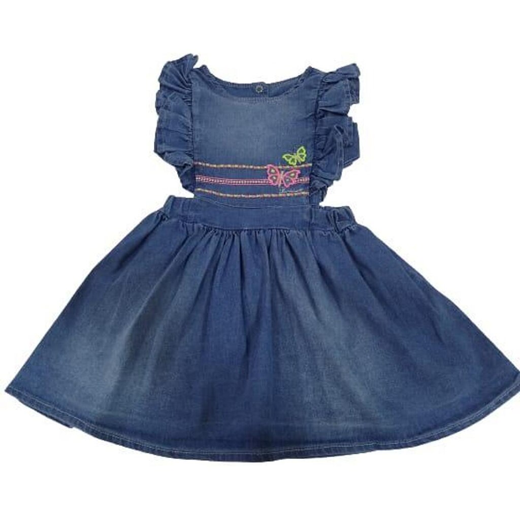 Vestido Jeans Luxo Menina Bordado Paraiso Verão Ref 14047
