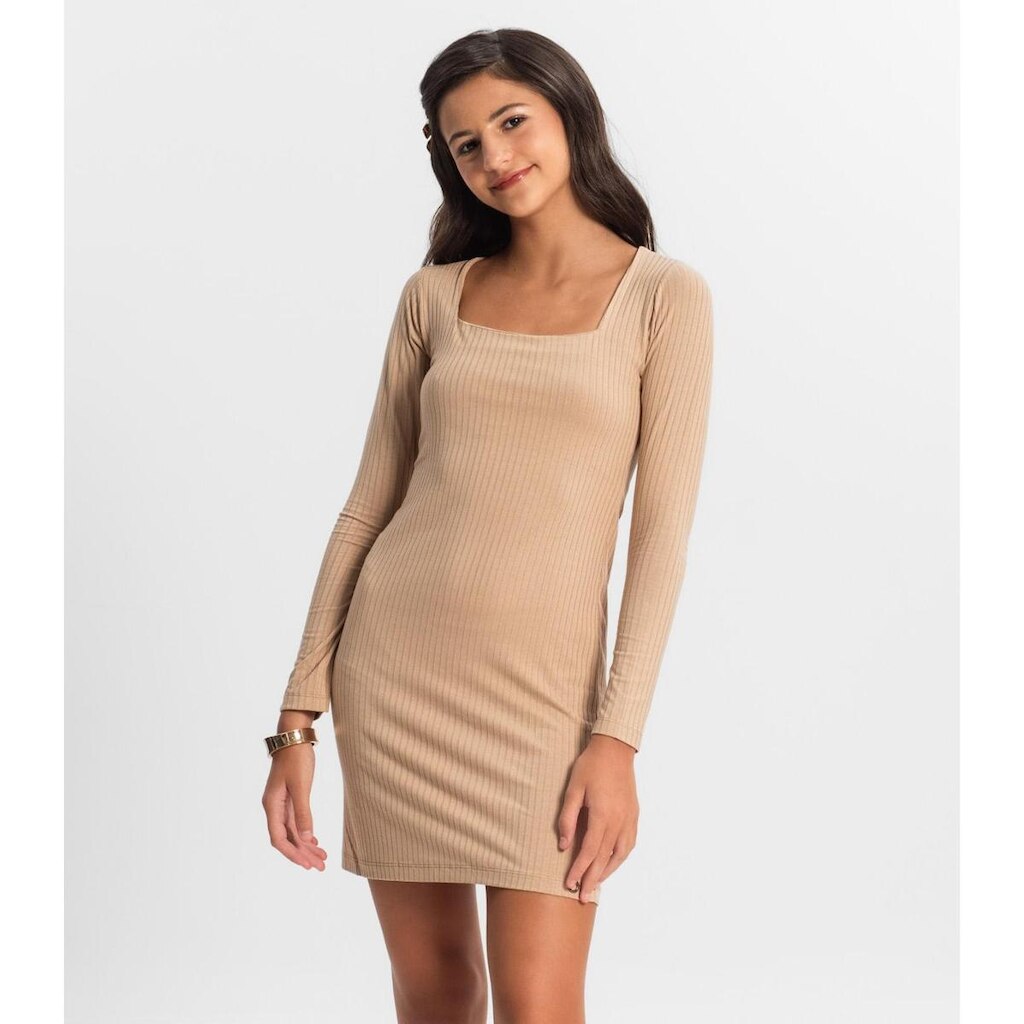 Vestido Juvenil Manga Longa Em Ribana Minty Marrom