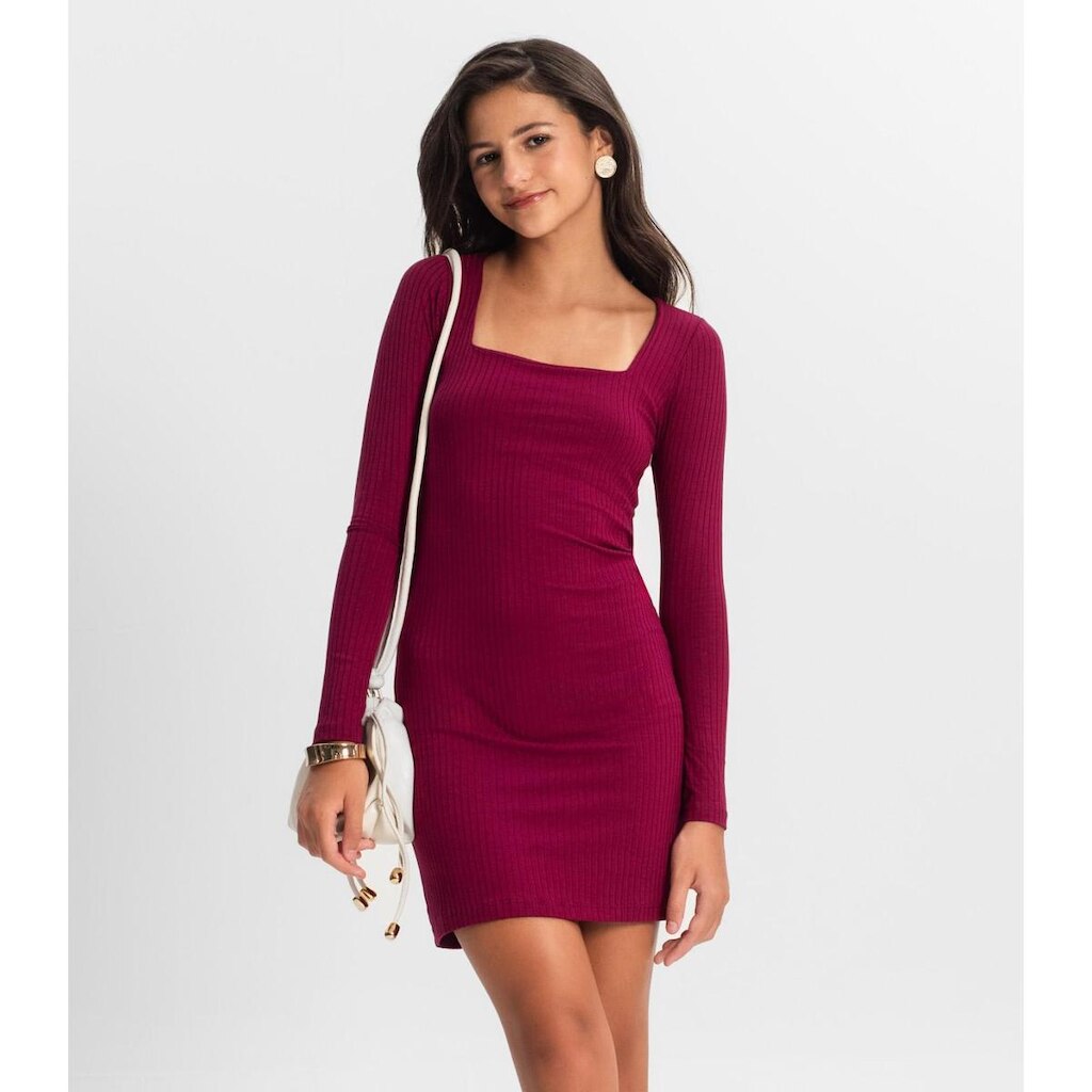 Vestido Juvenil Manga Longa Em Ribana Minty Vermelho