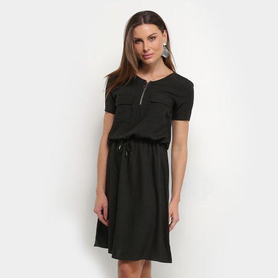 Vestido Lecimar Evasê Curto Tricoline Bolsos Amarração Cintura - Preto