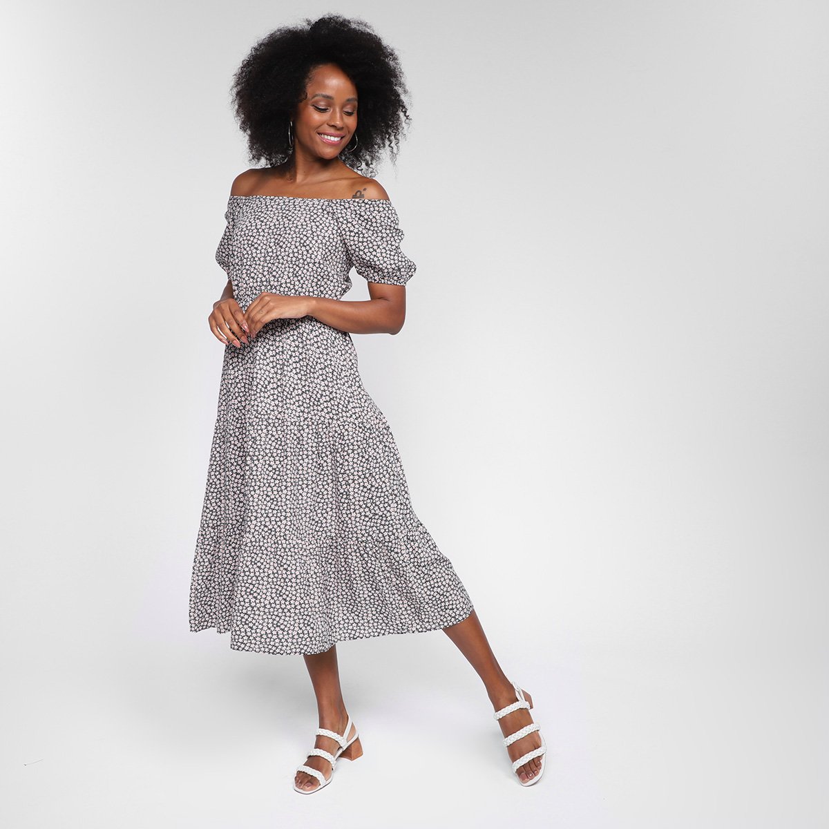 Vestido Lecimar Midi Ombro A Ombro Floral - Preto Menor preço em Vestido Lecimar Midi Ombro A Ombro Floral - Preto