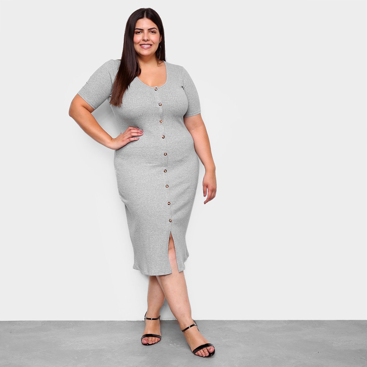 Vestido Lecimar Midi Plus Size Canelado Botões - Mescla Menor preço em Vestido Lecimar Midi Plus Size Canelado Botões - Mescla