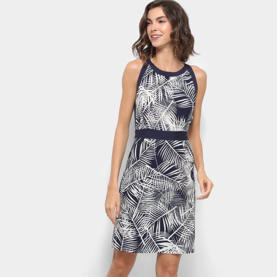 Vestido Lily Fashion Evasê Folhagem Debrum - Marinho