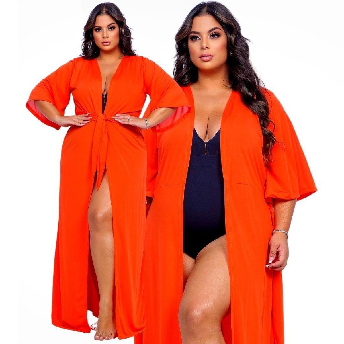 Vestido Longo Acinturado Elegante Moda Plus Size Linha Gold - Laranja Menor preço em Vestido Longo Acinturado Elegante Moda Plus Size Linha Gold - Laranja