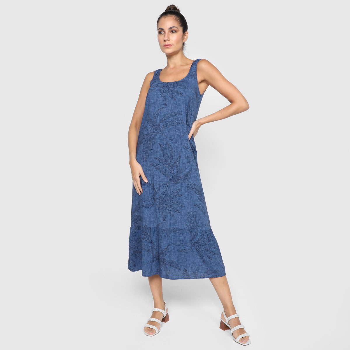 Vestido Longo Aishty Folhagens Babado Feminino - Azul Menor preço em Vestido Longo Aishty Folhagens Babado Feminino - Azul