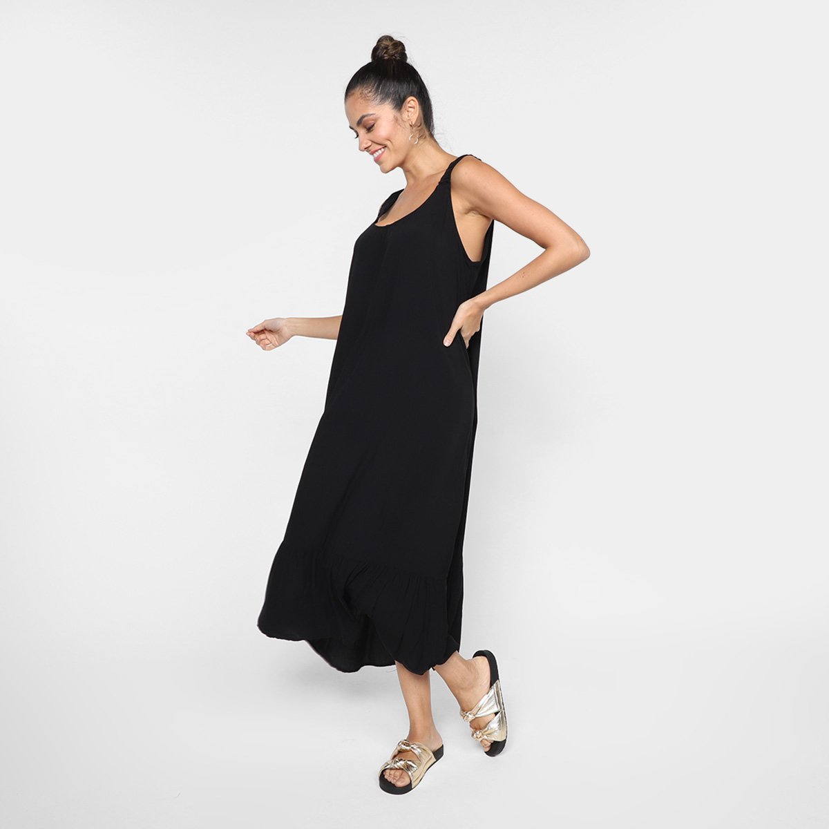Vestido Longo Aishty Folhagens Feminino - Preto Menor preço em Vestido Longo Aishty Folhagens Feminino - Preto
