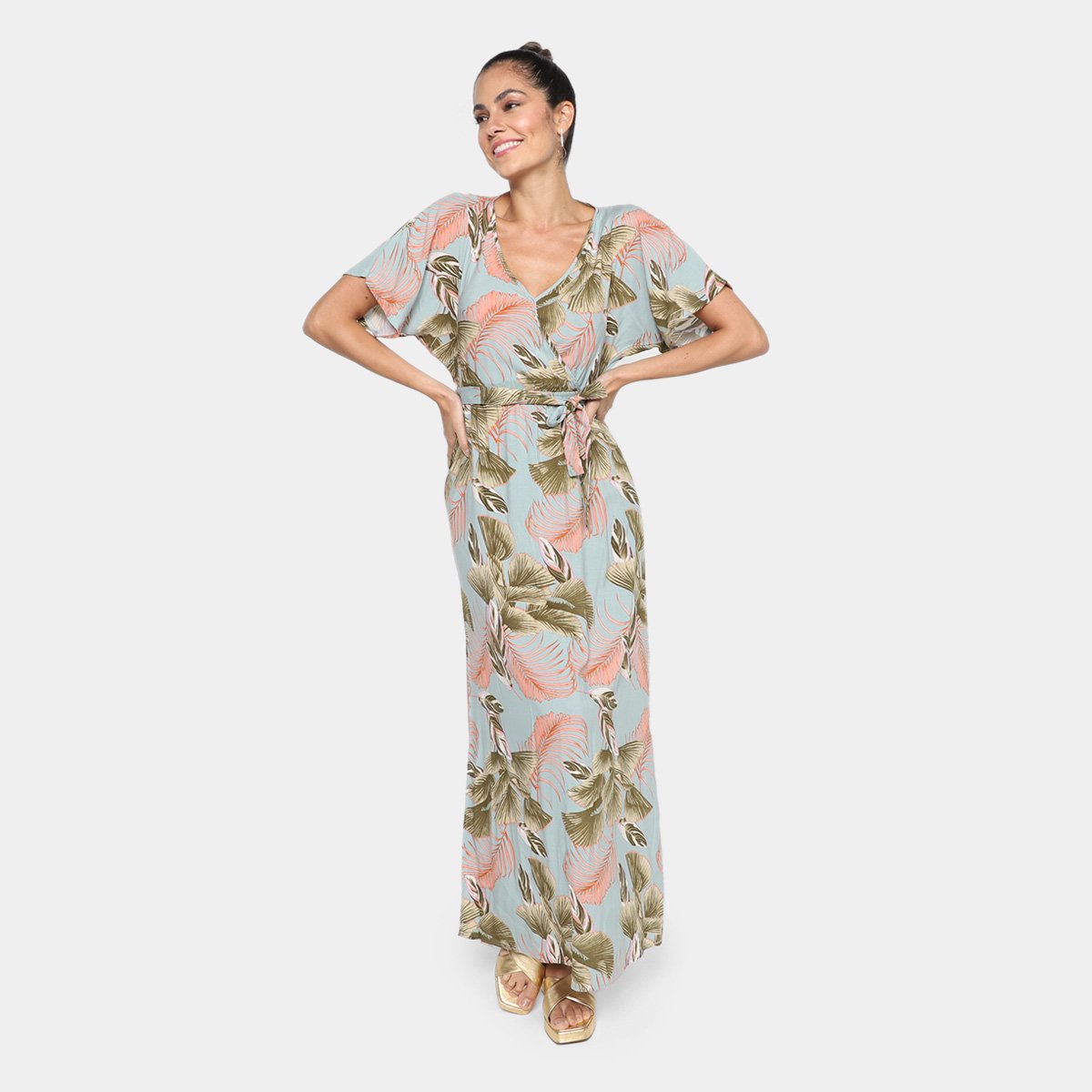 Vestido Longo Aishty Transpassê Feminino - Azul+Verde Menor preço em Vestido Longo Aishty Transpassê Feminino - Azul+Verde