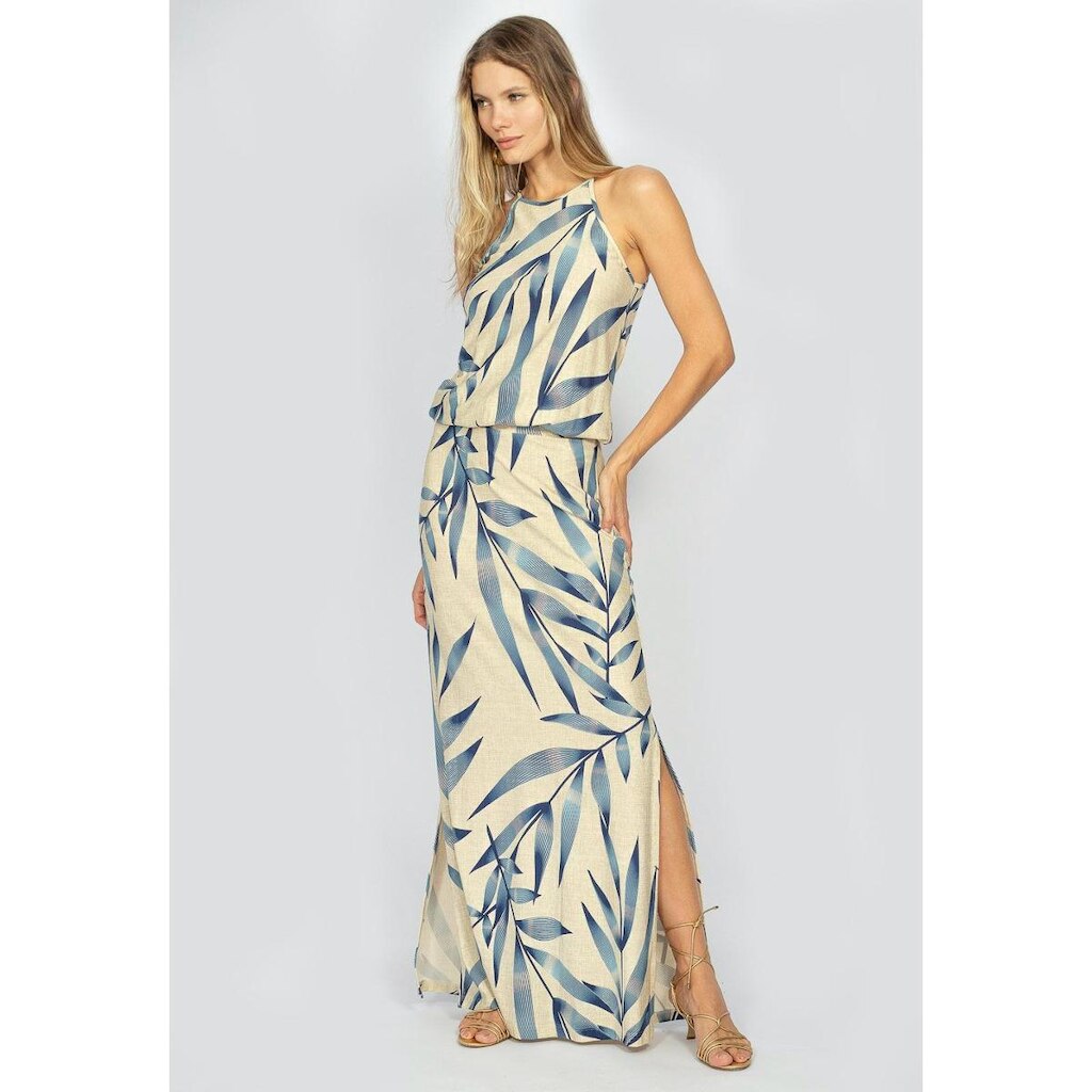 Vestido Longo Amazonia Vital Malha Trapézio com Elástico na Cintura Bambu Azul