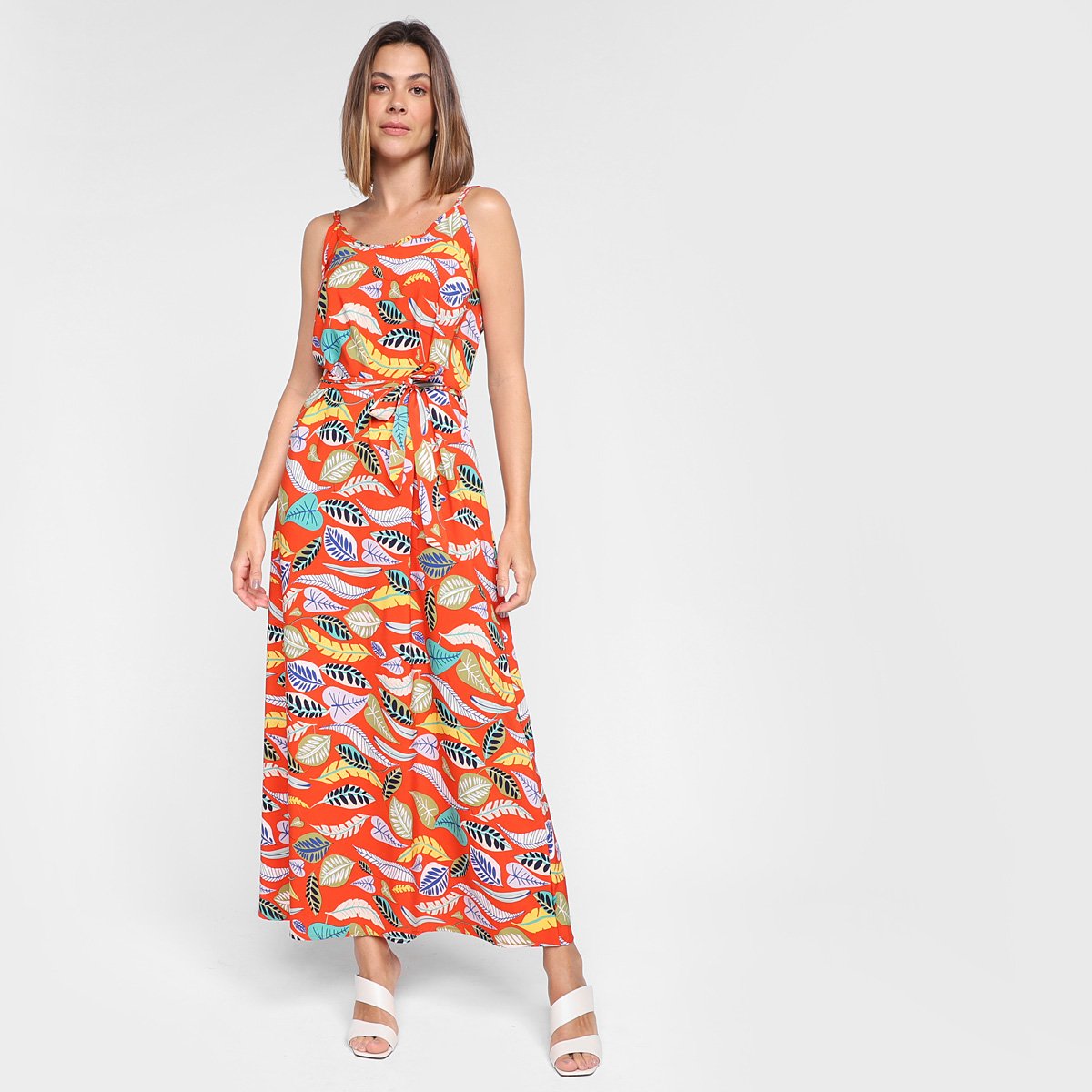 Vestido Longo Ayaka Alças Folhagens - Laranja Menor preço em Vestido Longo Ayaka Alças Folhagens - Laranja