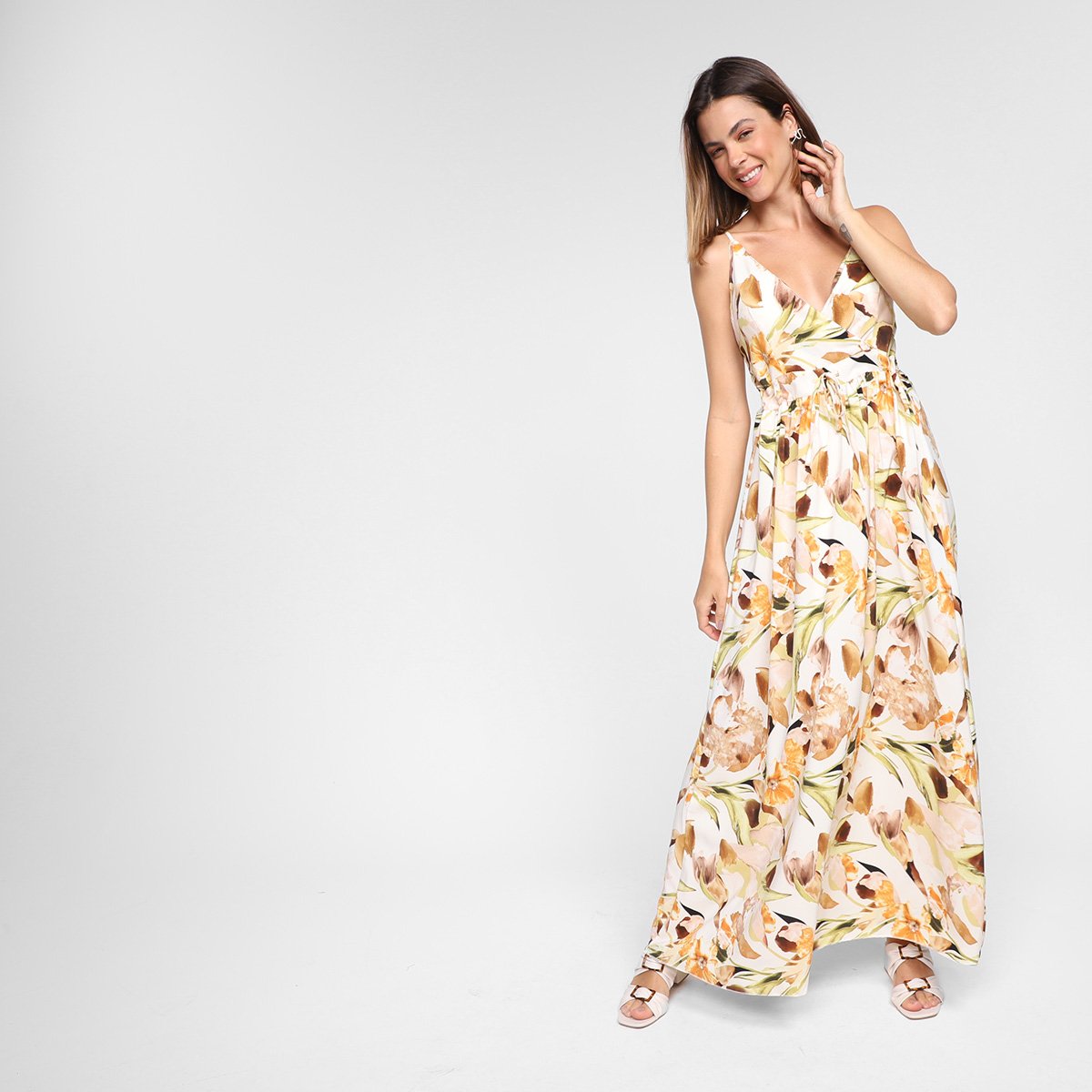 Vestido Longo Ayaka Decote V Floral - Bege Menor preço em Vestido Longo Ayaka Decote V Floral - Bege