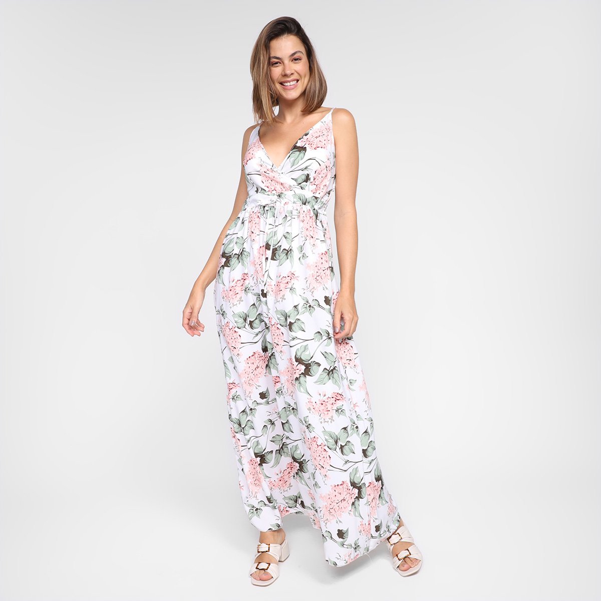 Vestido Longo Ayaka Decote V Floral - Branco Menor preço em Vestido Longo Ayaka Decote V Floral - Branco