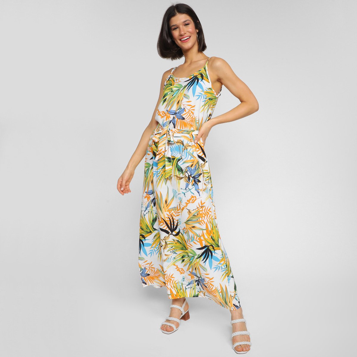 Vestido Longo Ayaka Folhagens Feminino - Branco Menor preço em Vestido Longo Ayaka Folhagens Feminino - Branco