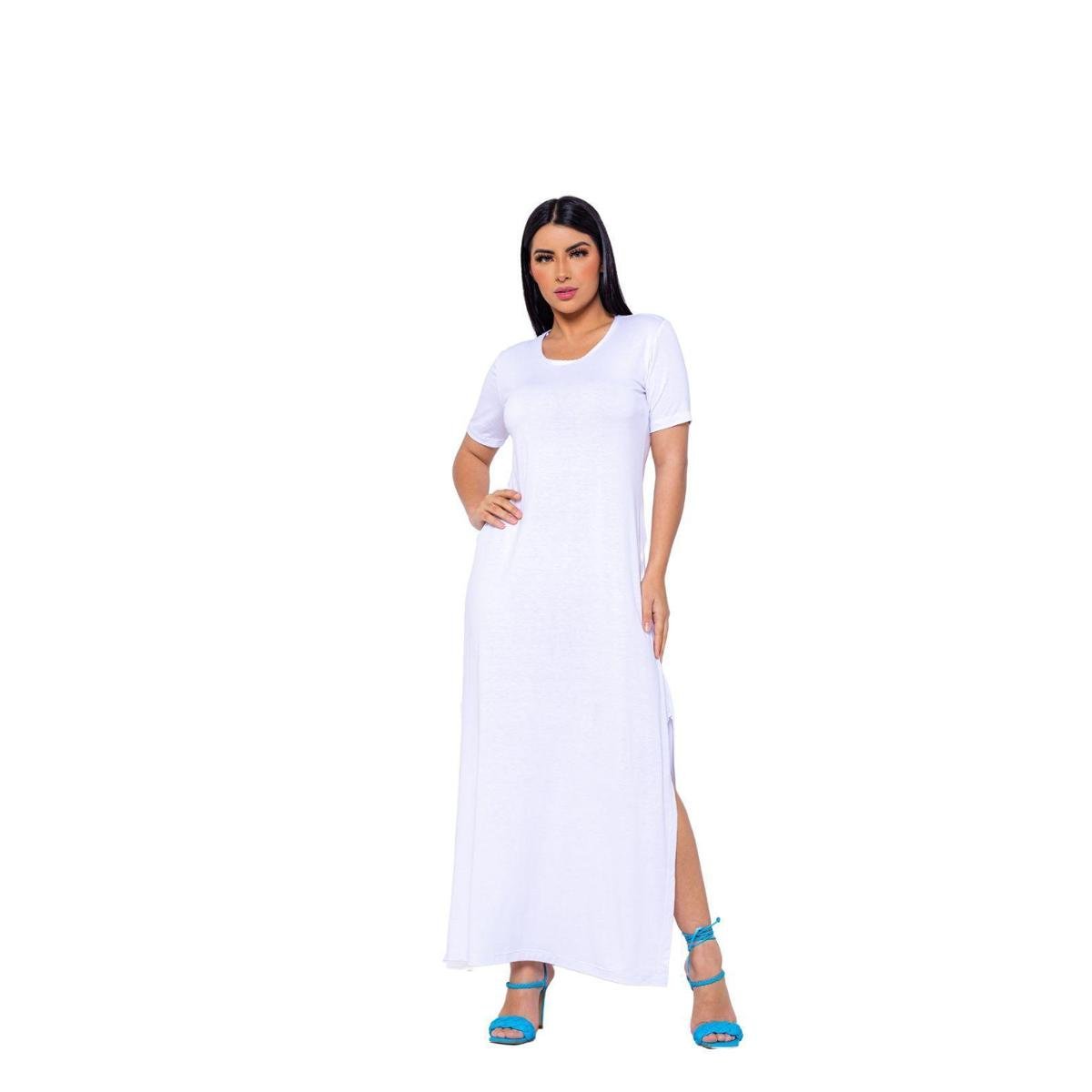 Vestido Longo Basico com Fenda Manga Curta Casual Feminino Menor preço em Vestido Longo Basico com Fenda Manga Curta Casual Feminino