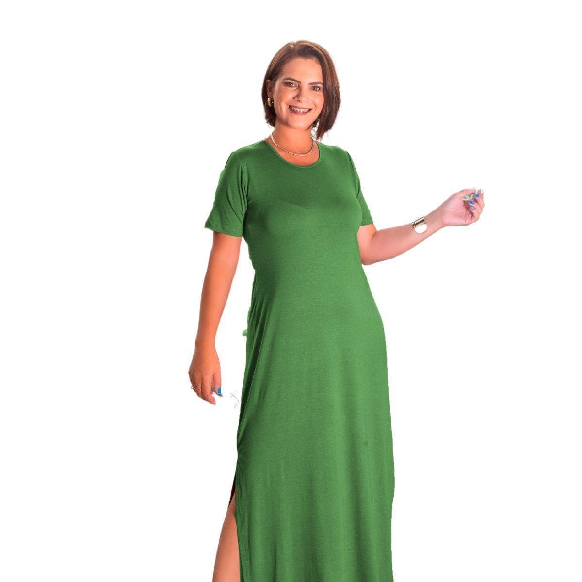 Vestido Longo Basico com Fenda Manga Curta Casual Feminino Zattini