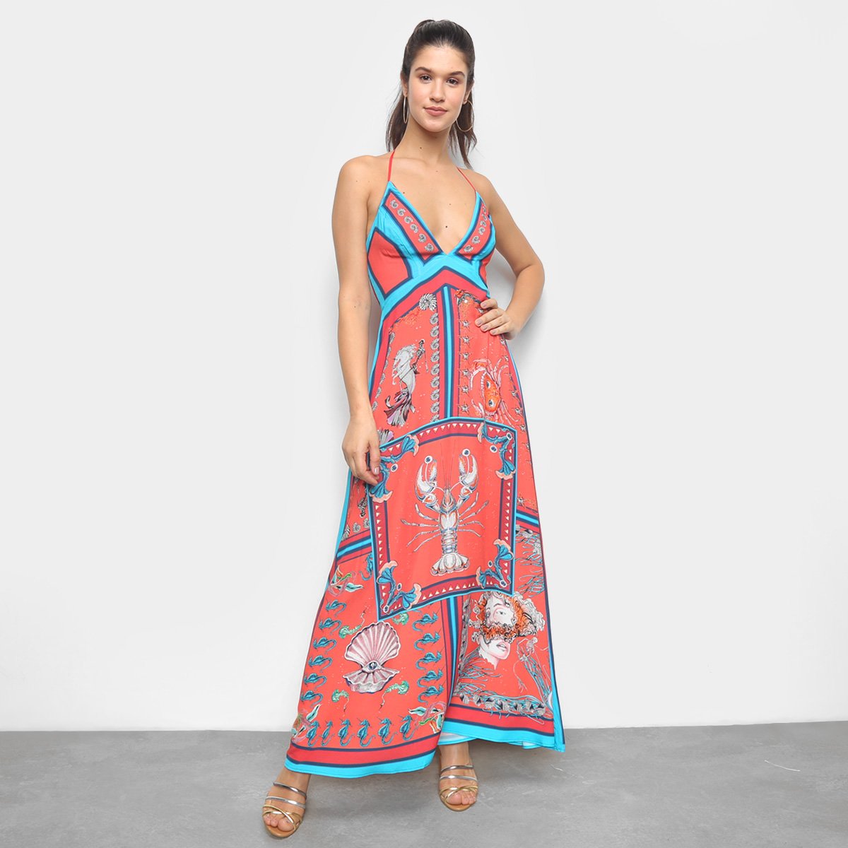 Vestido Longo Colcci Estampado Alças Finas - Vermelho e Laranja Menor preço em Vestido Longo Colcci Estampado Alças Finas - Vermelho e Laranja