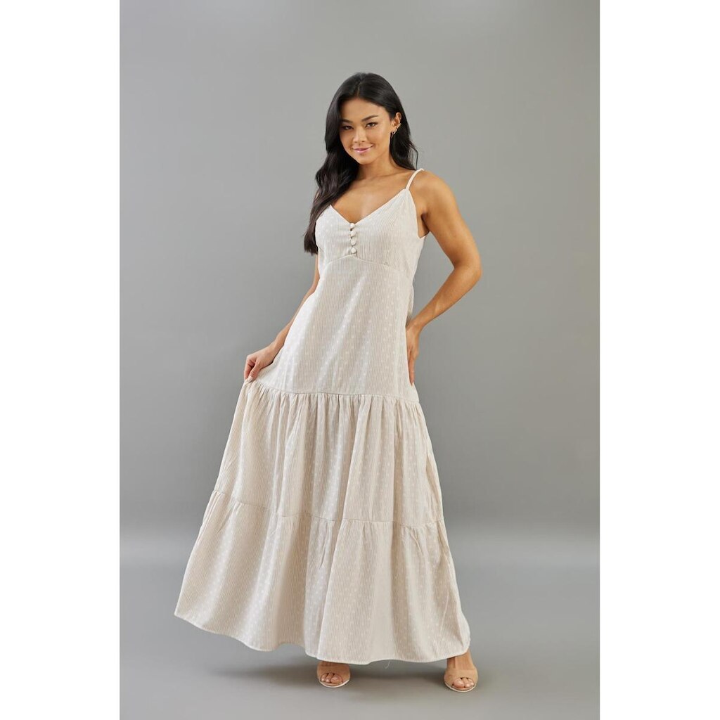 Vestido Longo com Estampa Poá Feminino Listrado com Alças Dialogo