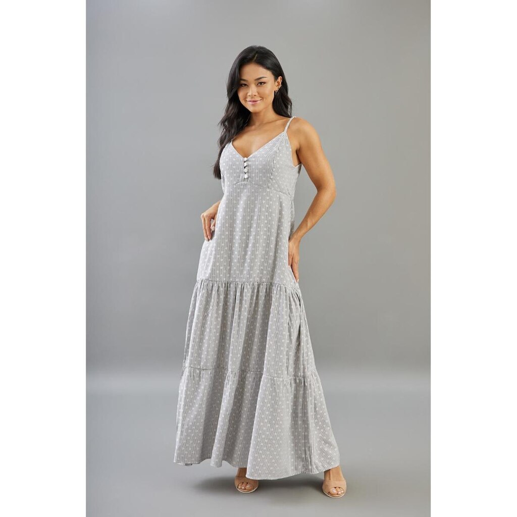 Vestido Longo com Estampa Poá Feminino Listrado com Alças Dialogo