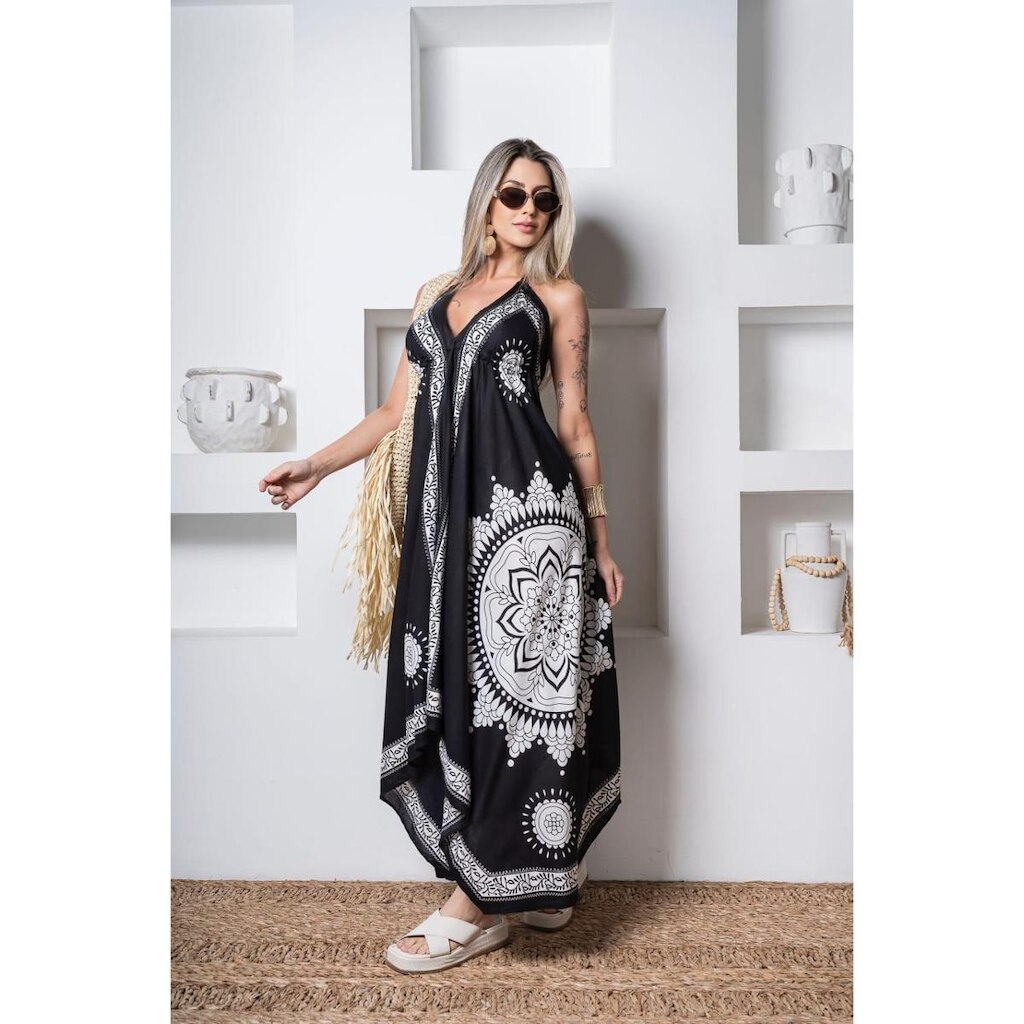 Vestido Longo Costa Nua Indiana Floral Com Pontas Regula