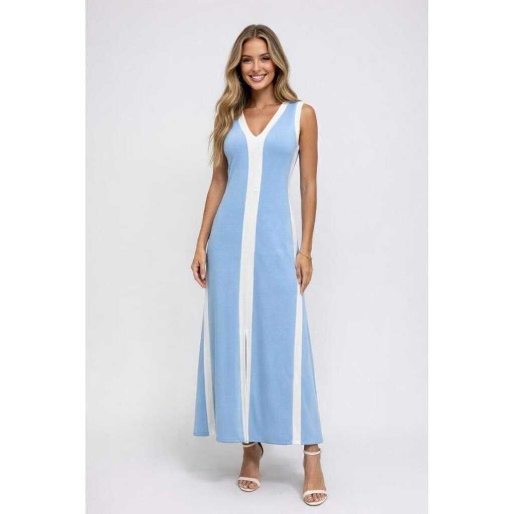 Vestido Longo D Bell Outlet Fashion Gola V Azul Claro