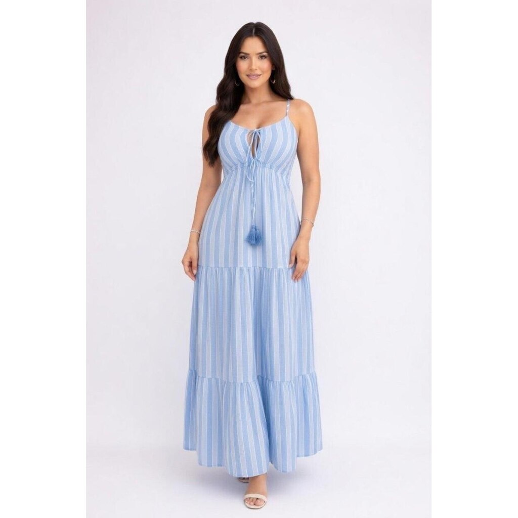 Vestido Longo D Bell Outlet Fashion Listrado Amarração Frontal Azul
