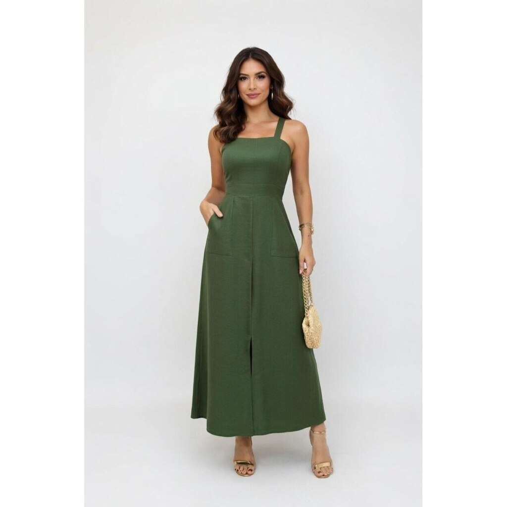Vestido Longo D Bell Outlet Fashion Sensorial Bolso Verde Musgo