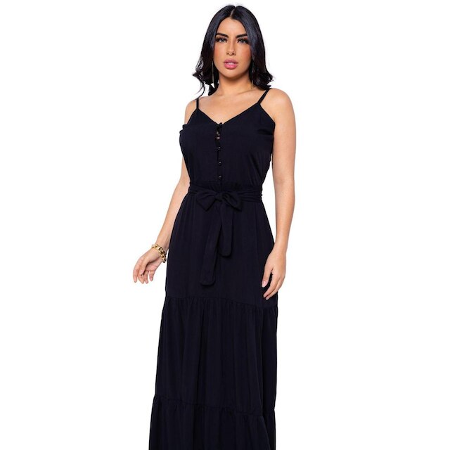Vestido Longo De Alcinha Festa Com Decote Em Botões