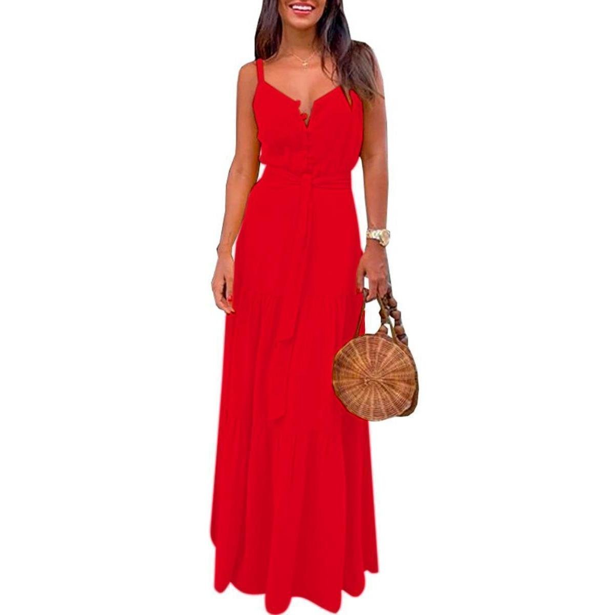 Vestido Longo De Alcinha Festa Com Decote Em Botões Menor preço em Vestido Longo De Alcinha Festa Com Decote Em Botões