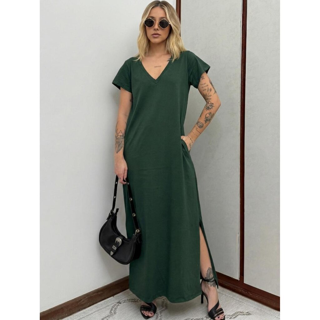 Vestido Longo de Algodão com Bolso Decote V Verde Escuro