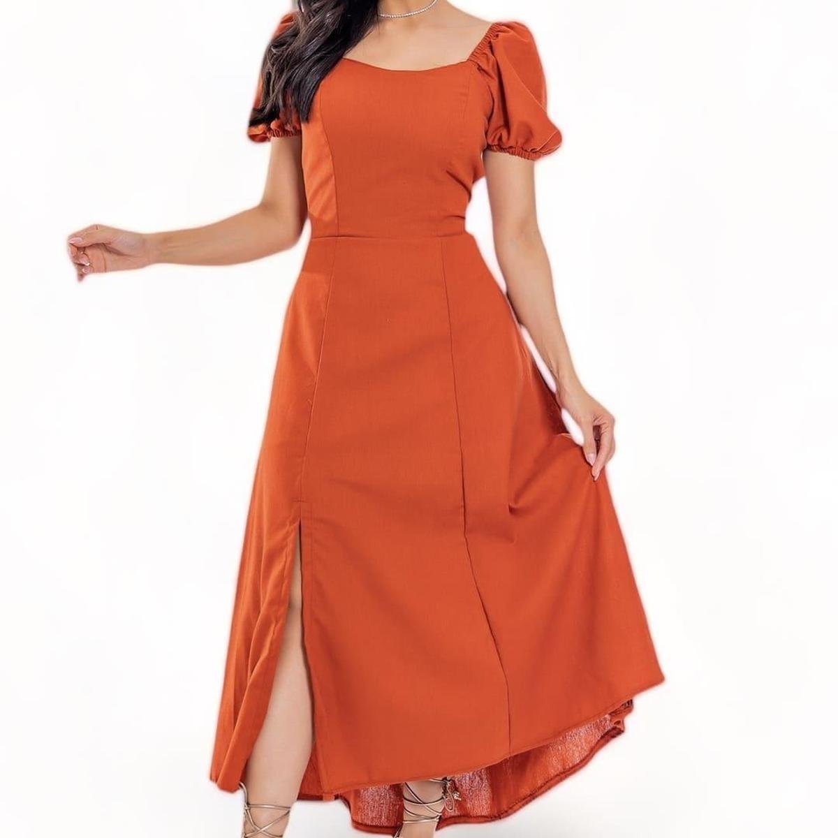 Linho Vestido Longo Manga Bufante Vestido Longo De Linho Com Manga Bufante  E Detalhe De Fenda Aurora