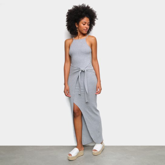 Vestido Longo Dooplex Canelado Assimétrico - Chumbo
