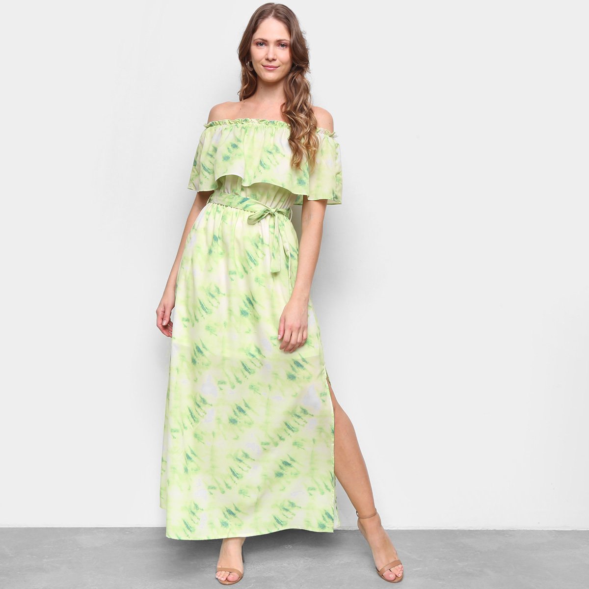 Vestido Longo Eagle Rock Evasê Babado Tie Dye - Verde Menor preço em Vestido Longo Eagle Rock Evasê Babado Tie Dye - Verde