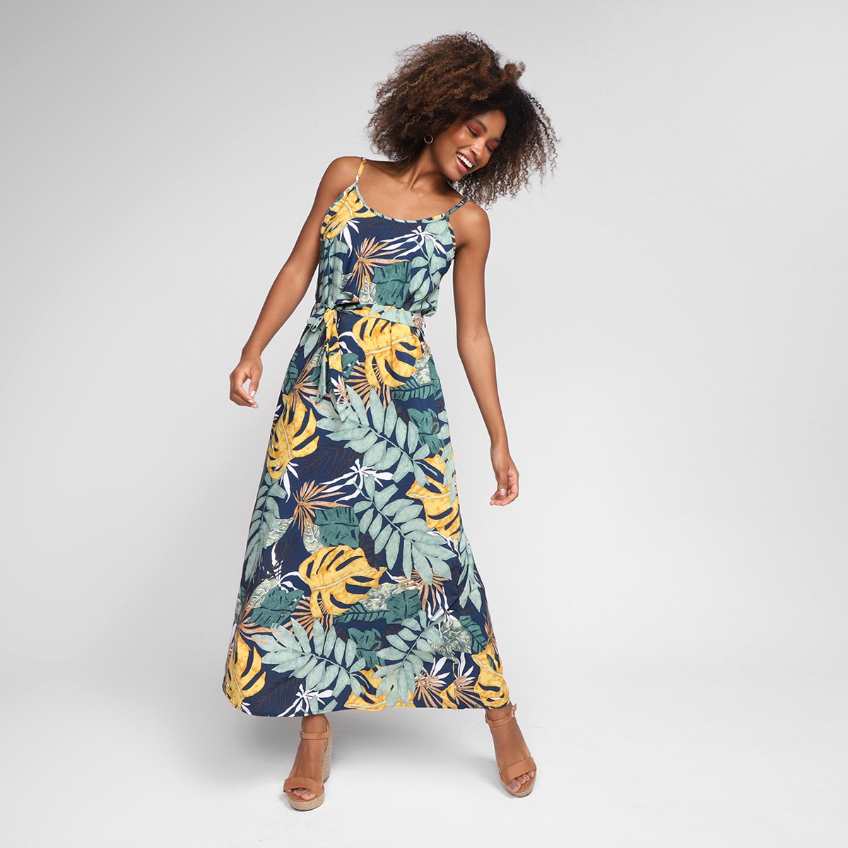 Vestido Longo Edivi Evasê Floral Amarração - Marinho Menor preço em Vestido Longo Edivi Evasê Floral Amarração - Marinho