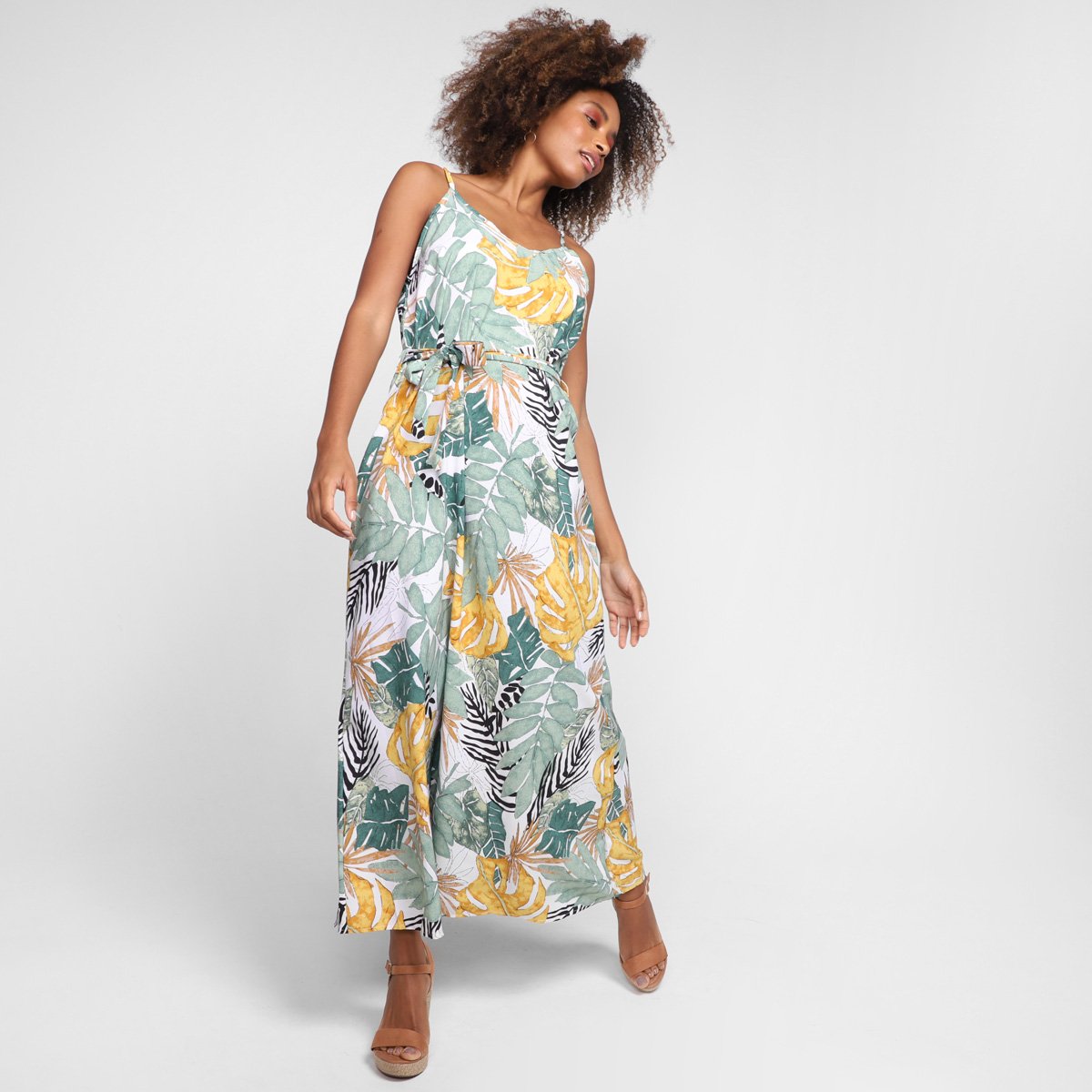 Vestido Longo Edivi Evasê Floral Amarração - Branco Menor preço em Vestido Longo Edivi Evasê Floral Amarração - Branco