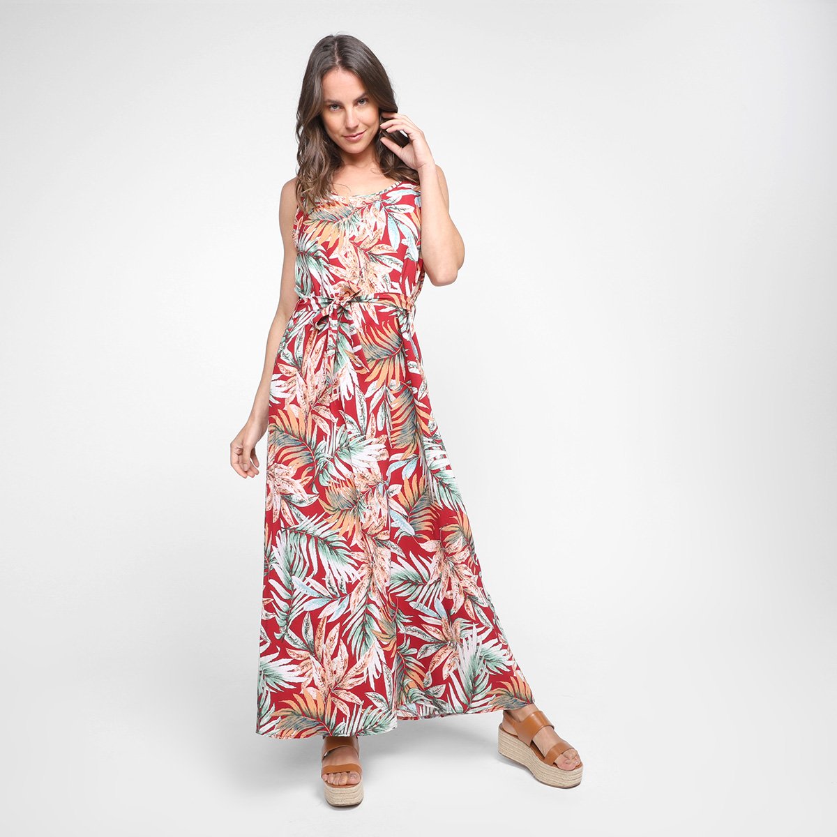 Vestido Longo Edivi Evasê Floral Amarração - Vinho Menor preço em Vestido Longo Edivi Evasê Floral Amarração - Vinho