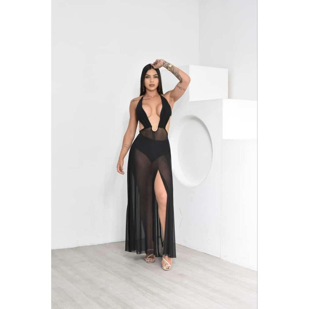Vestido Longo em Tule com Transparência Decote Profundo