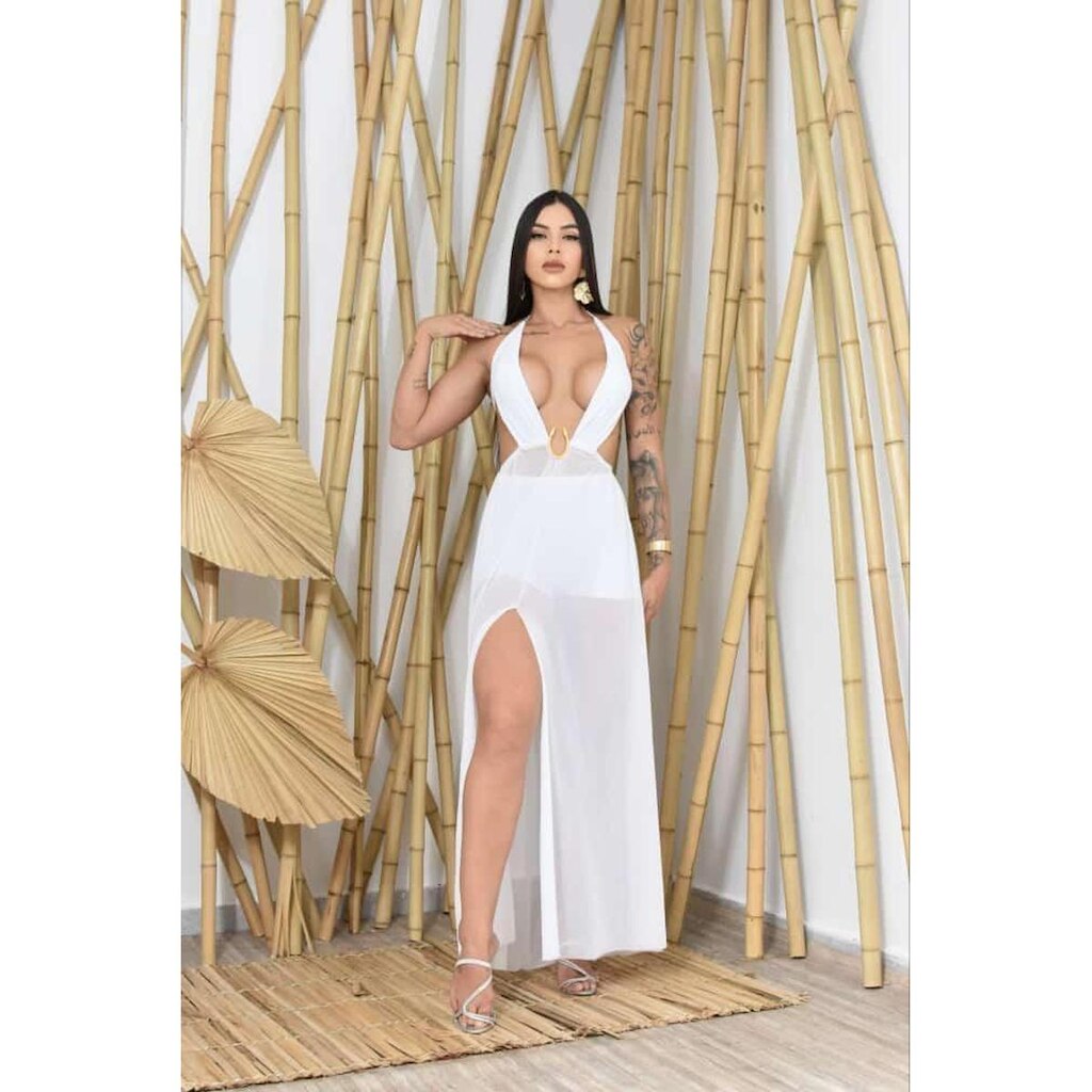 Vestido Longo em Tule com Transparência Decote Profundo