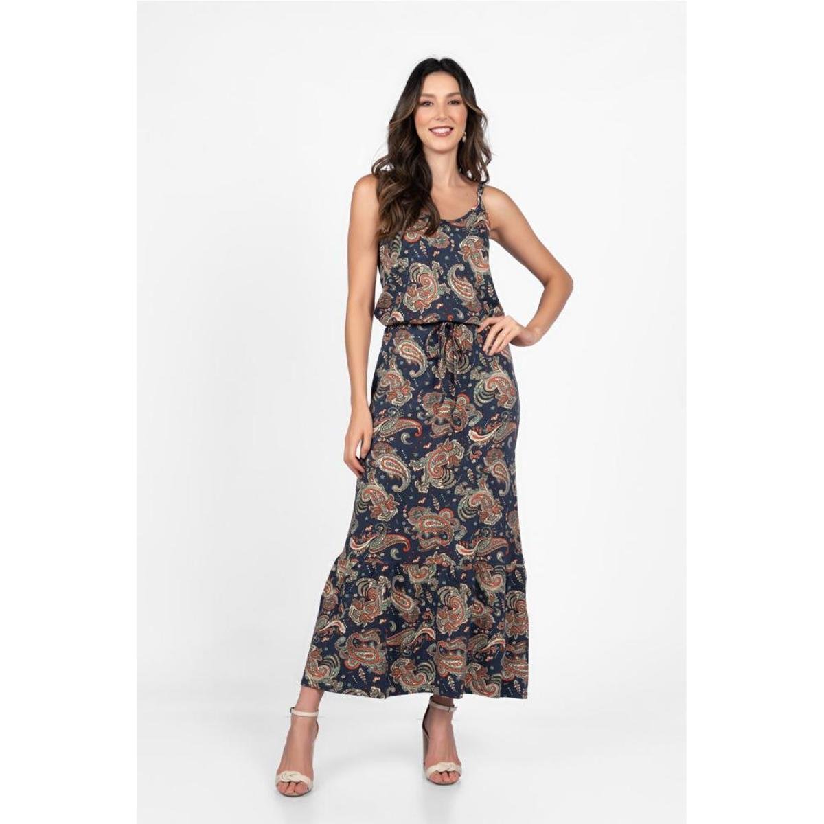 Vestido longo em viscose estampado - Azul Menor preço em Vestido longo em viscose estampado - Azul