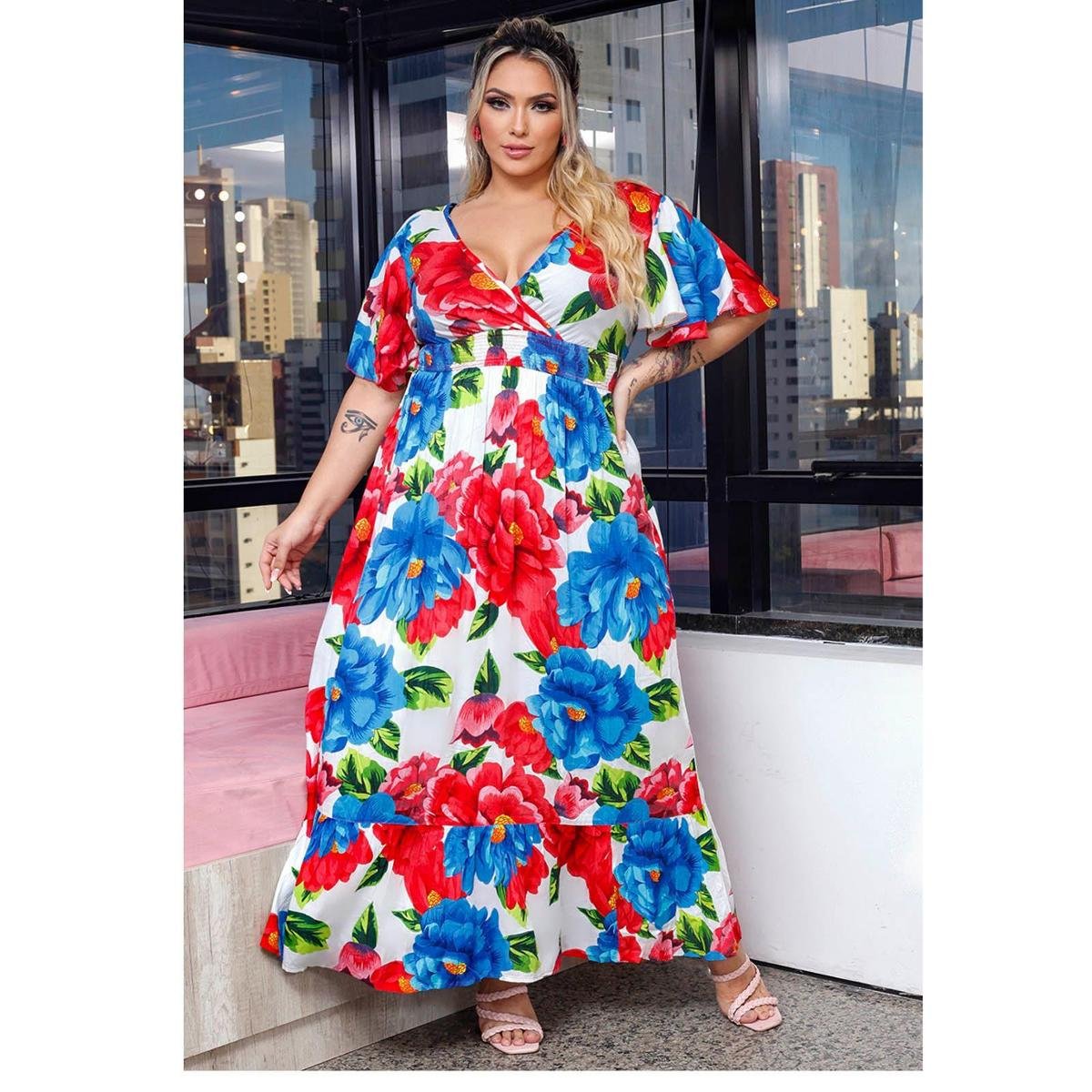 Vestido Longo Estampado Com Mangas Plus Size Sob+ - Branco Menor preço em Vestido Longo Estampado Com Mangas Plus Size Sob+ - Branco