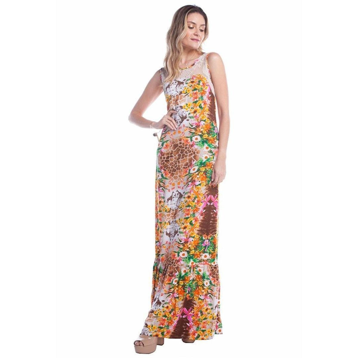 Vestido Longo Estampado com Renda Feminino - Laranja Menor preço em Vestido Longo Estampado com Renda Feminino - Laranja