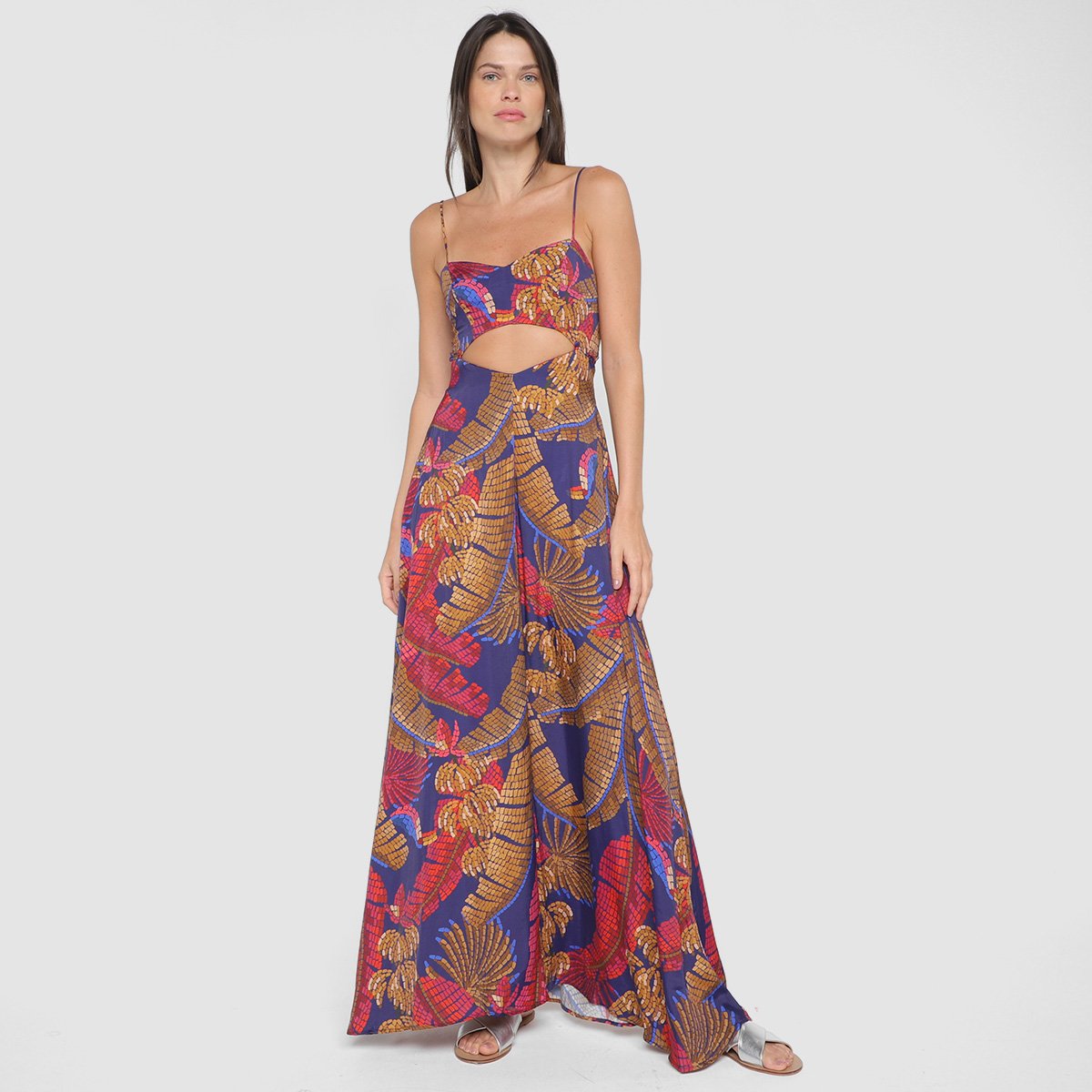 Vestido Longo Farm Cropped Estampado - Marinho+Vermelho Menor preço em Vestido Longo Farm Cropped Estampado - Marinho+Vermelho