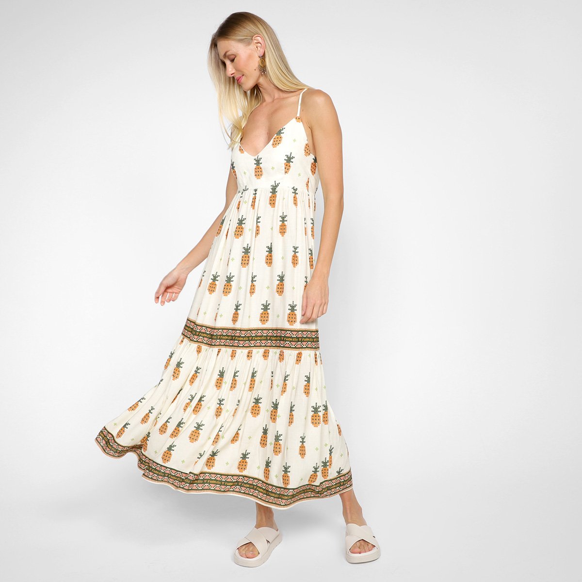 Vestido Longo Farm Ponto de Abacaxi - Estampado Menor preço em Vestido Longo Farm Ponto de Abacaxi - Estampado