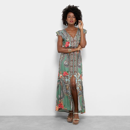 Vestido Longo Farm Tunisia com Fendas Feminino - Verde